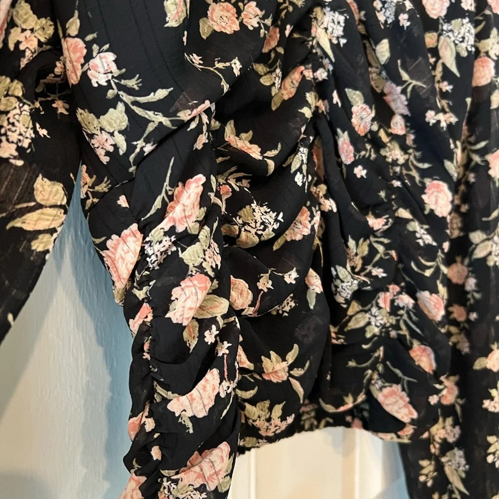 Free People Final Rose Blouse in Black Pink Size Small Balloon Sleeves